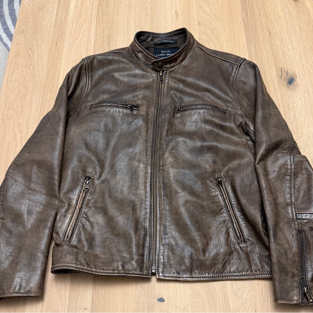 Lucky Brand Bonneville Men’s Distressed Brown Leather Bomber Jacket